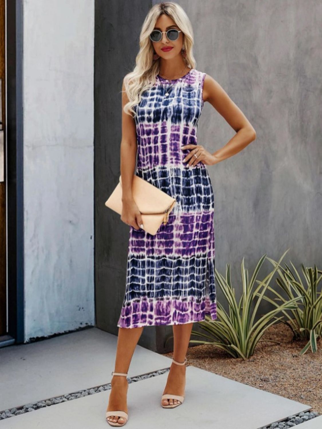 Slit Printed Round Neck Sleeveless Dress   