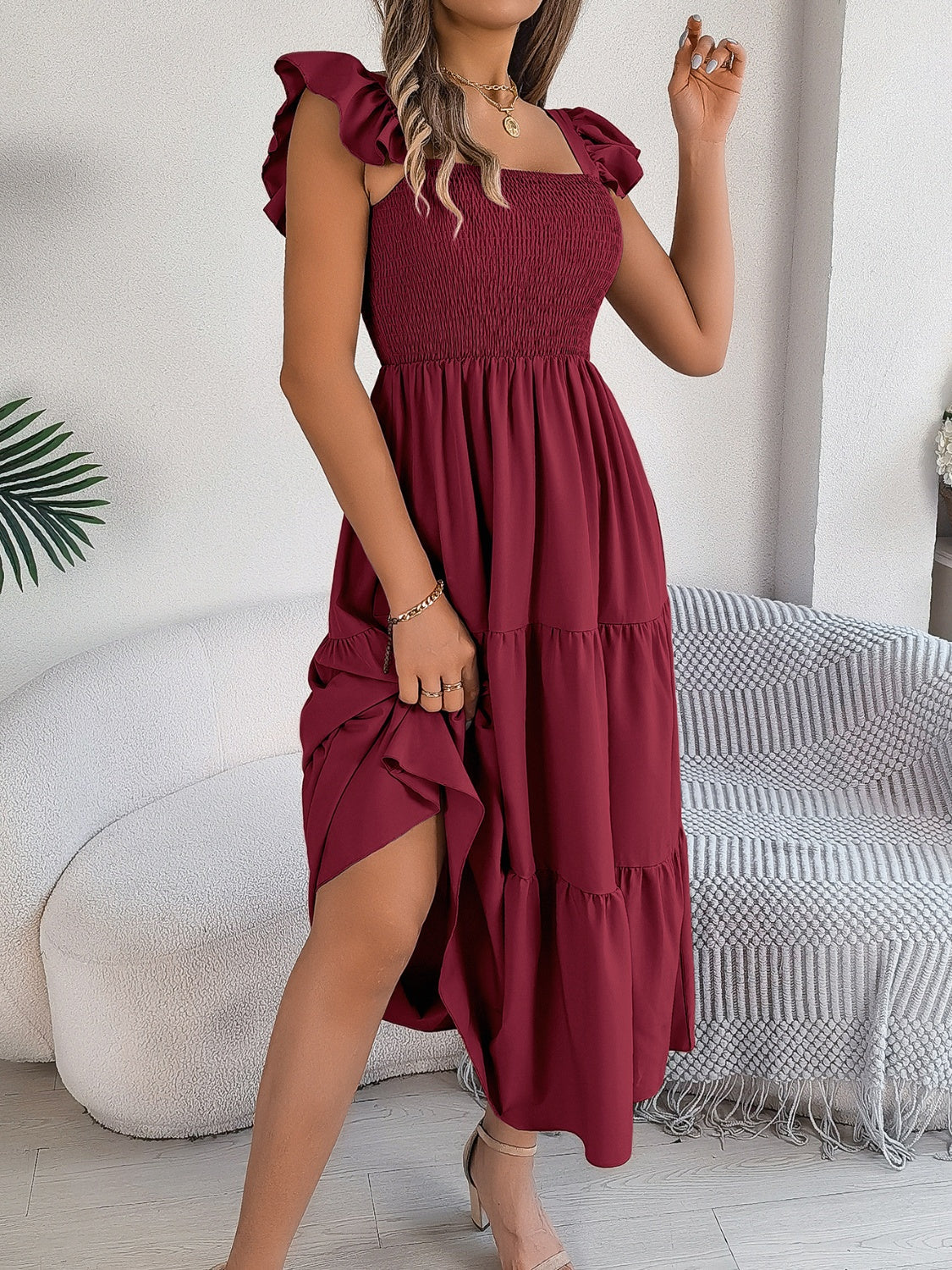 Smocked Square Neck Cap Sleeve Midi Dress   