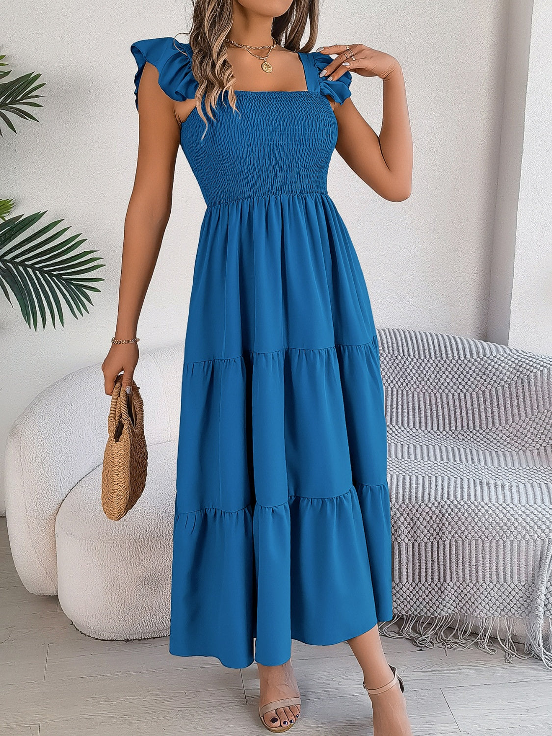 Smocked Square Neck Cap Sleeve Midi Dress   