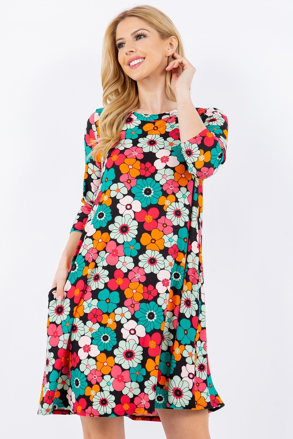 Celeste Full Size Floral Three-Quarter Sleeve Dress with Pockets   