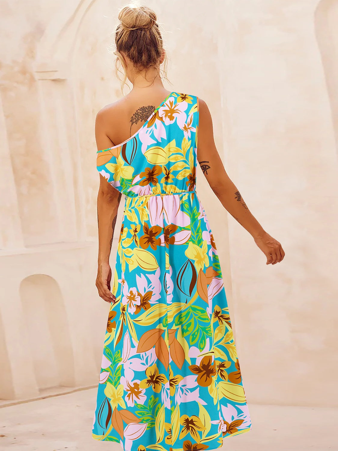 Printed One Shoulder Short Sleeve Dress   