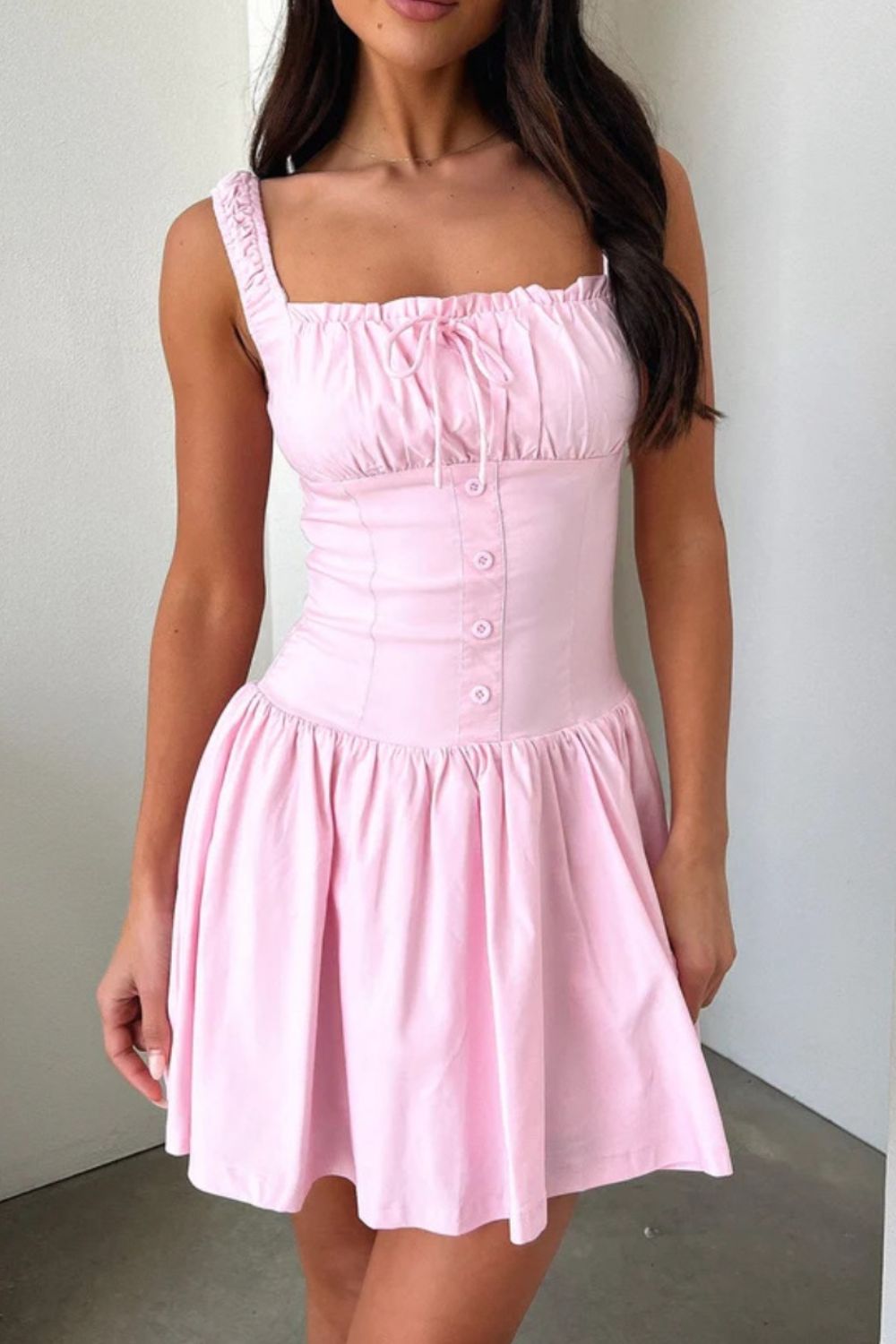 Decorative Button Square Neck Cami Dress Pink S 