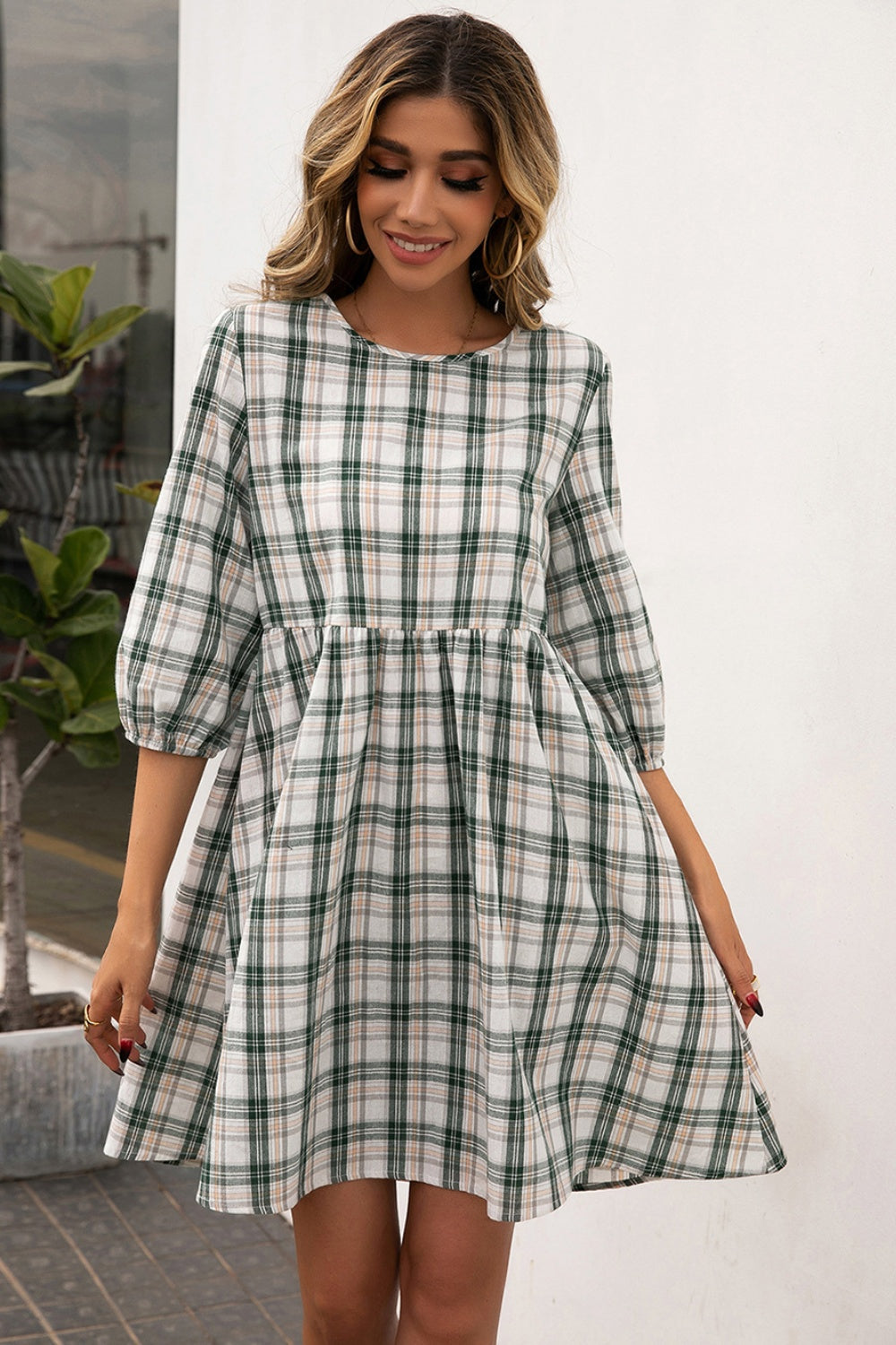 Plaid Round Neck Mini Dress   