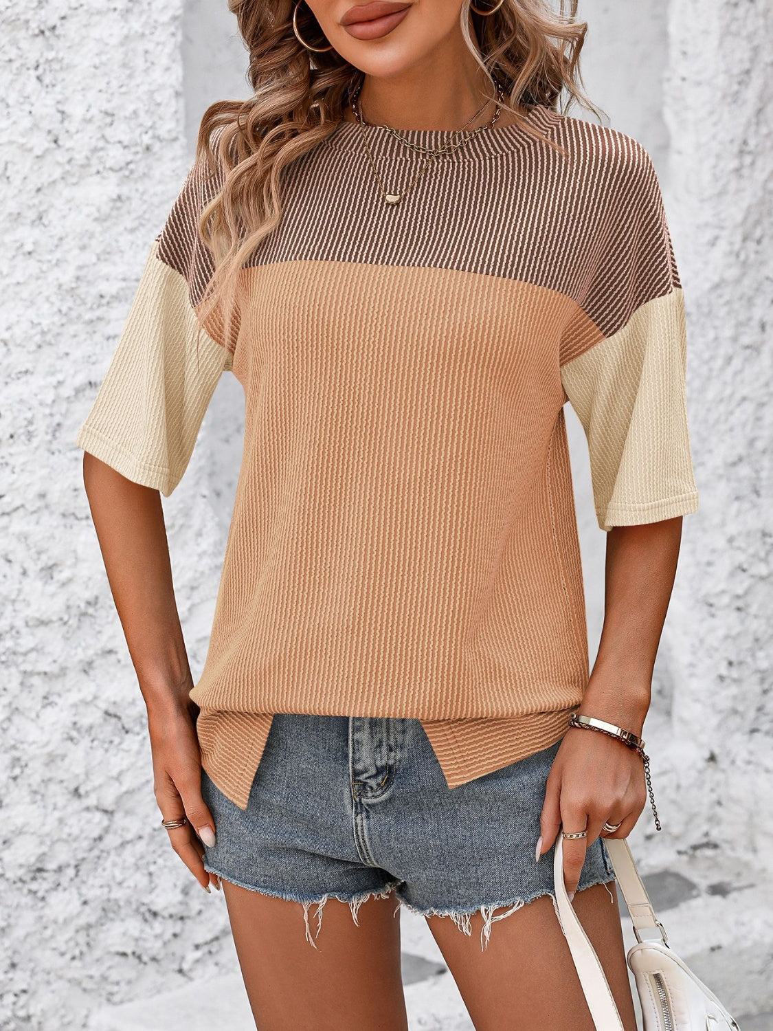 STUNNLY  Color Block Round Neck Half Sleeve T-Shirt   