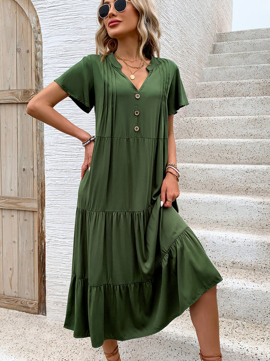 Tiered Notched Short Sleeve Midi Dress Dark Green S 