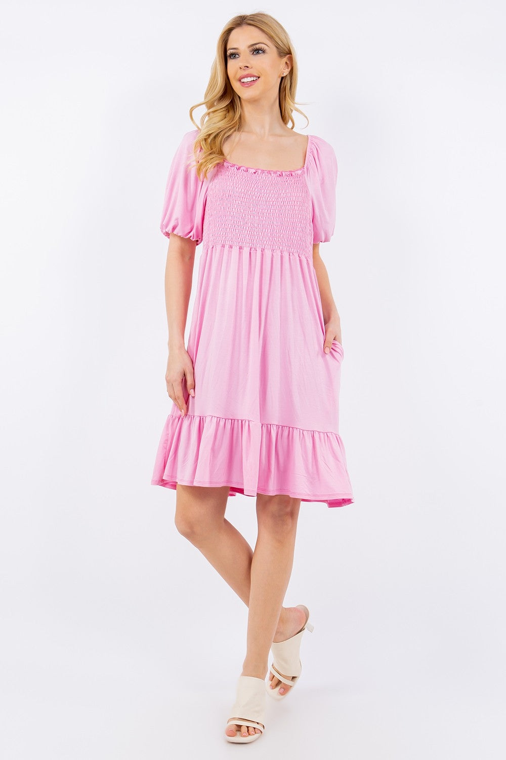 Celeste Full Size Ruffle Hem Short Sleeve Smocked Dress   