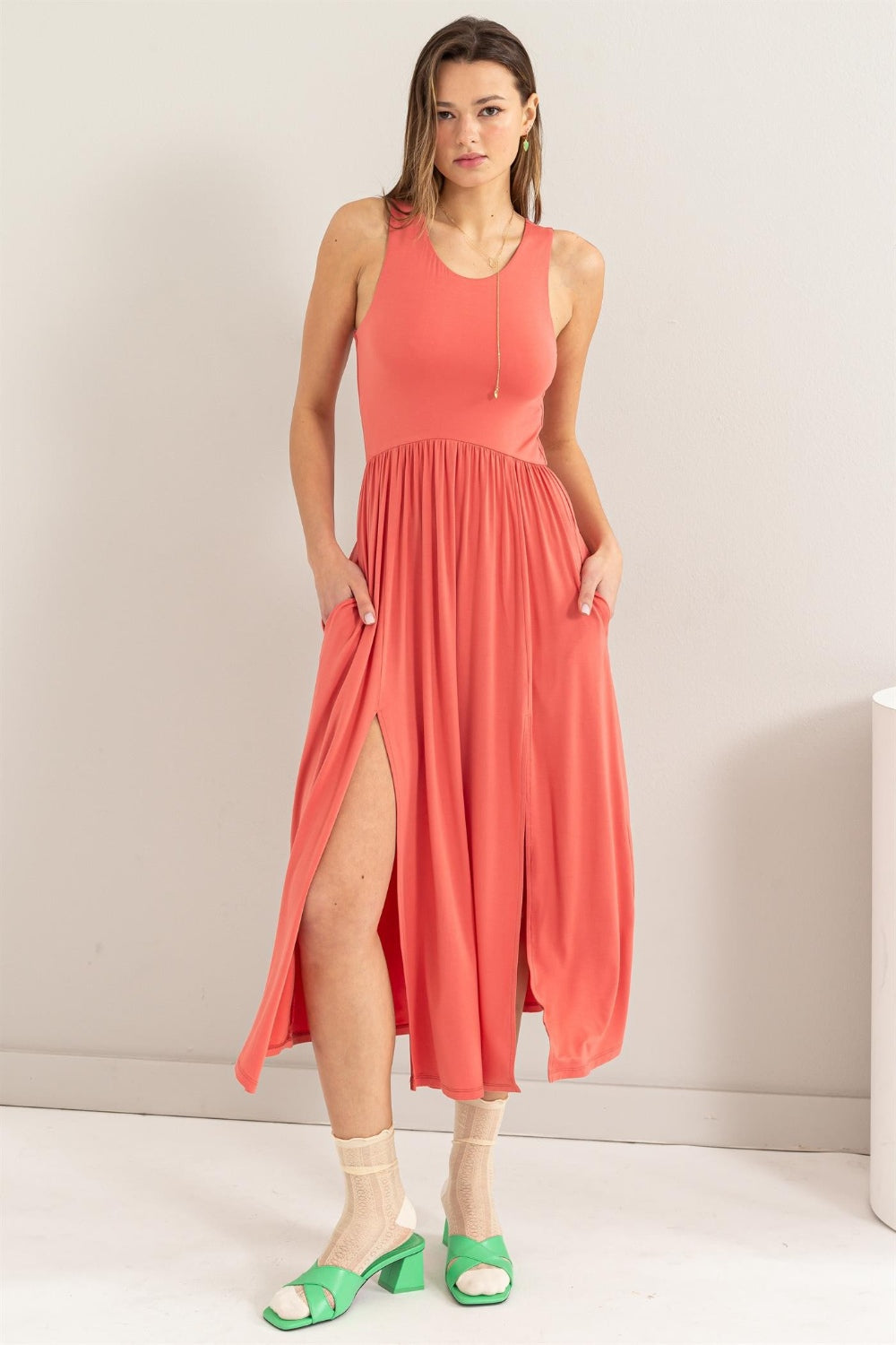 HYFVE Sleeveless Slit Midi Dress Spiced Coral S 