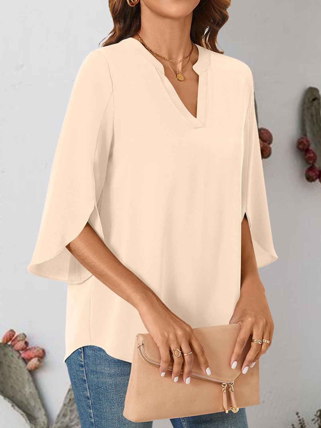 Notched Slit Half Sleeve Blouse Sand S 