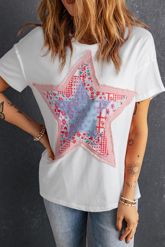 STUNNLY  Star Round Neck Short Sleeve T-Shirt White S 