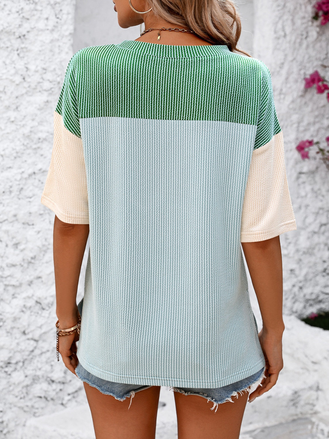 STUNNLY  Color Block Round Neck Half Sleeve T-Shirt   