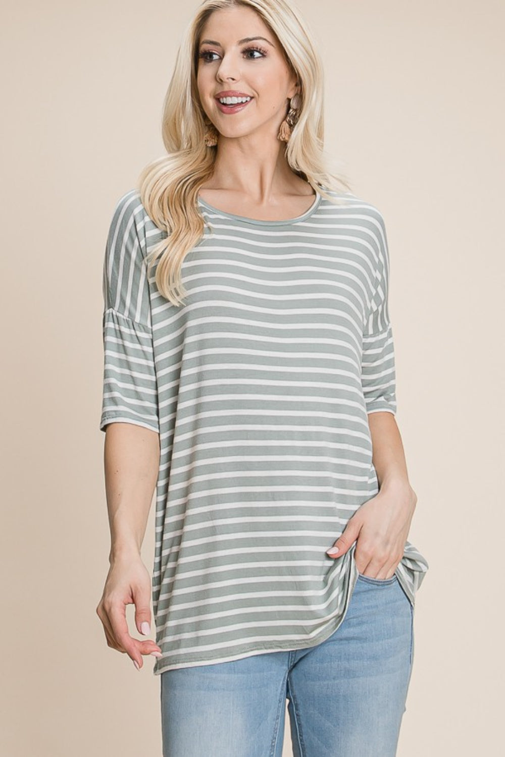 BOMBOM Striped Round Neck T-Shirt Sage S 