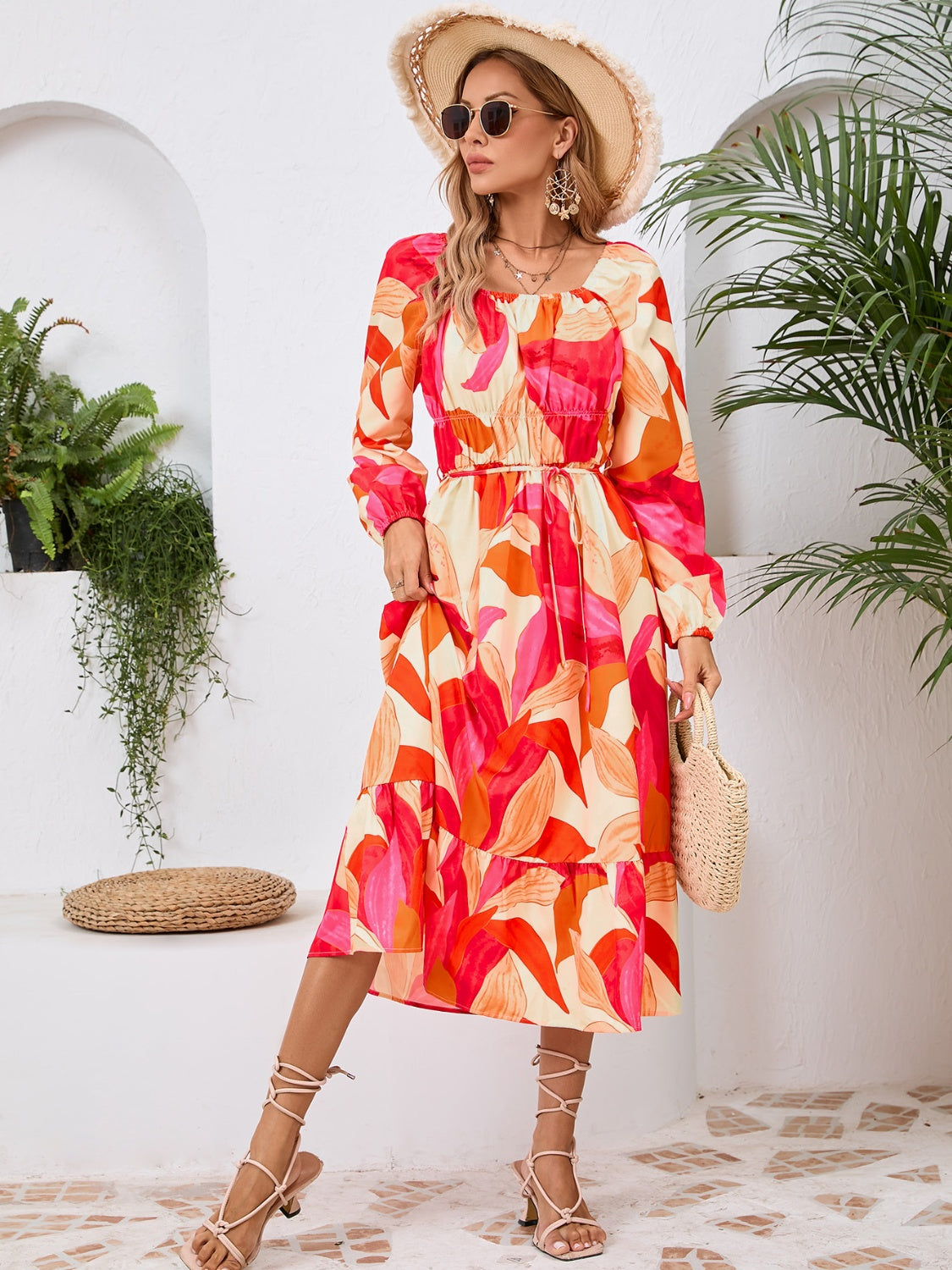 Printed Long Sleeve Midi Dress   