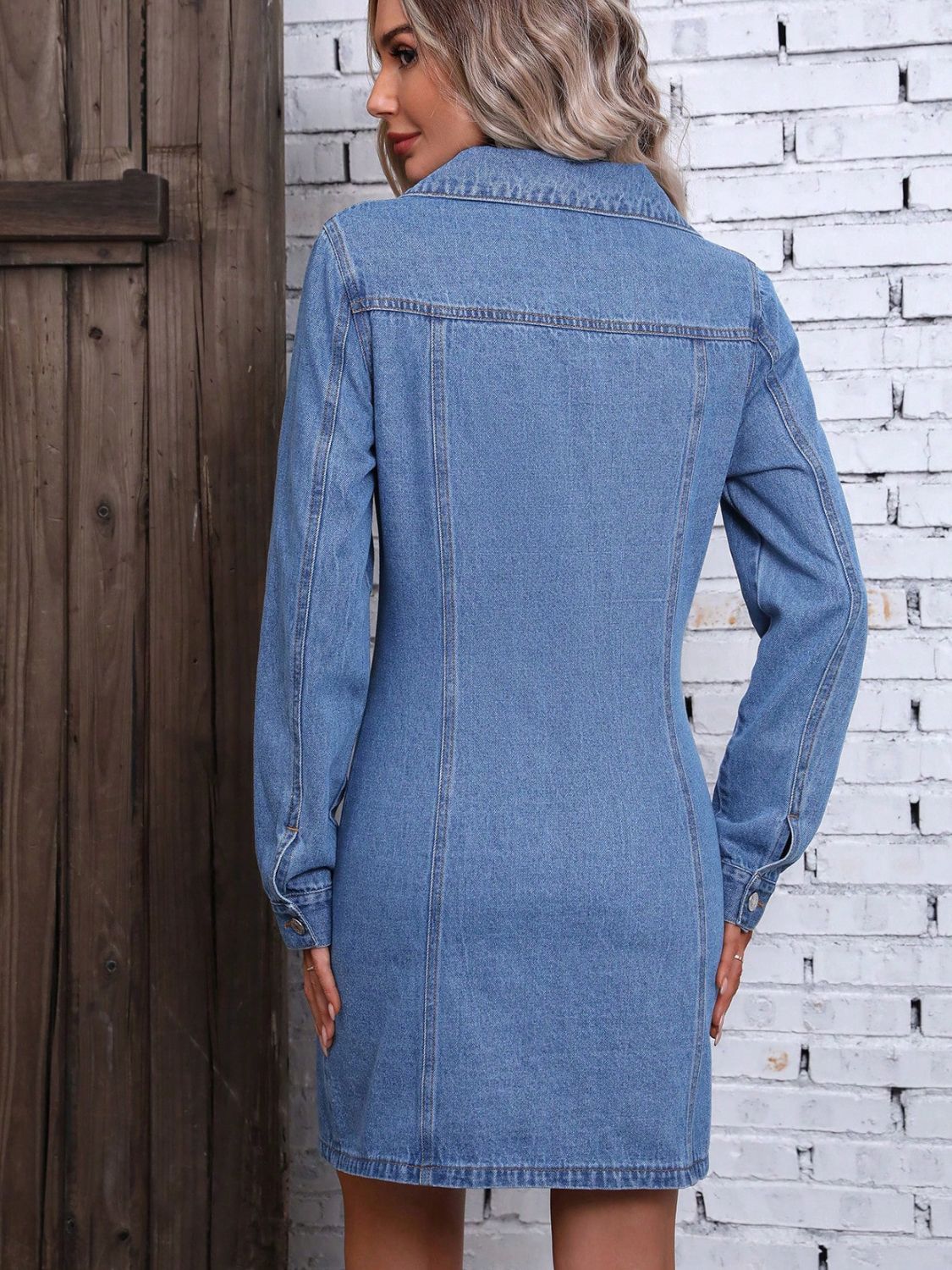 Ruched Button Up Long Sleeve Denim Dress   