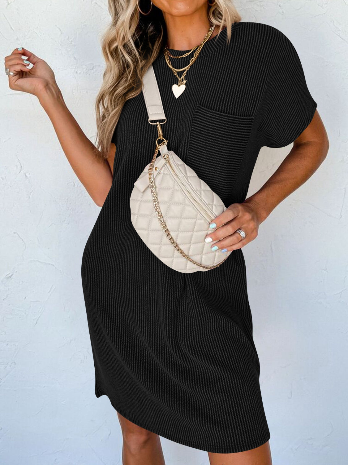 Round Neck Short Sleeve Mini Dress Black S 