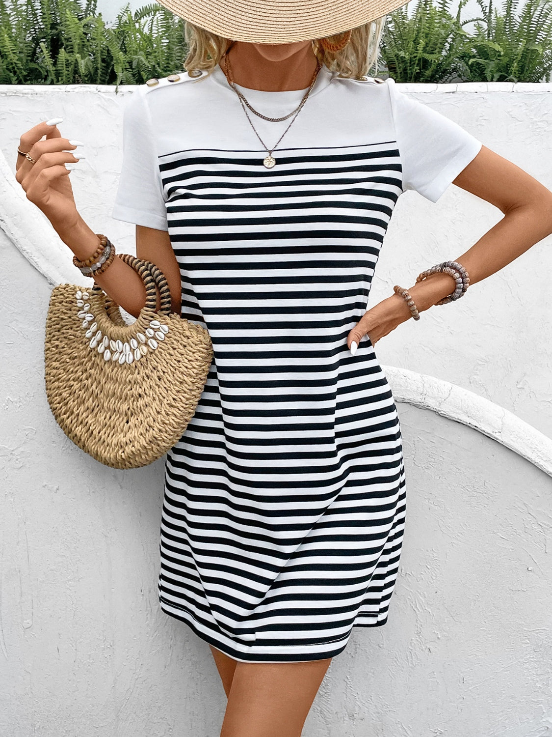 STUNNLY  Striped Round Neck Short Sleeve Mini Tee Dress   