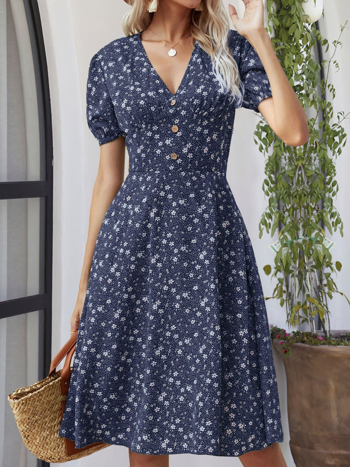 Printed V-Neck Short Sleeve Dress Navy S 