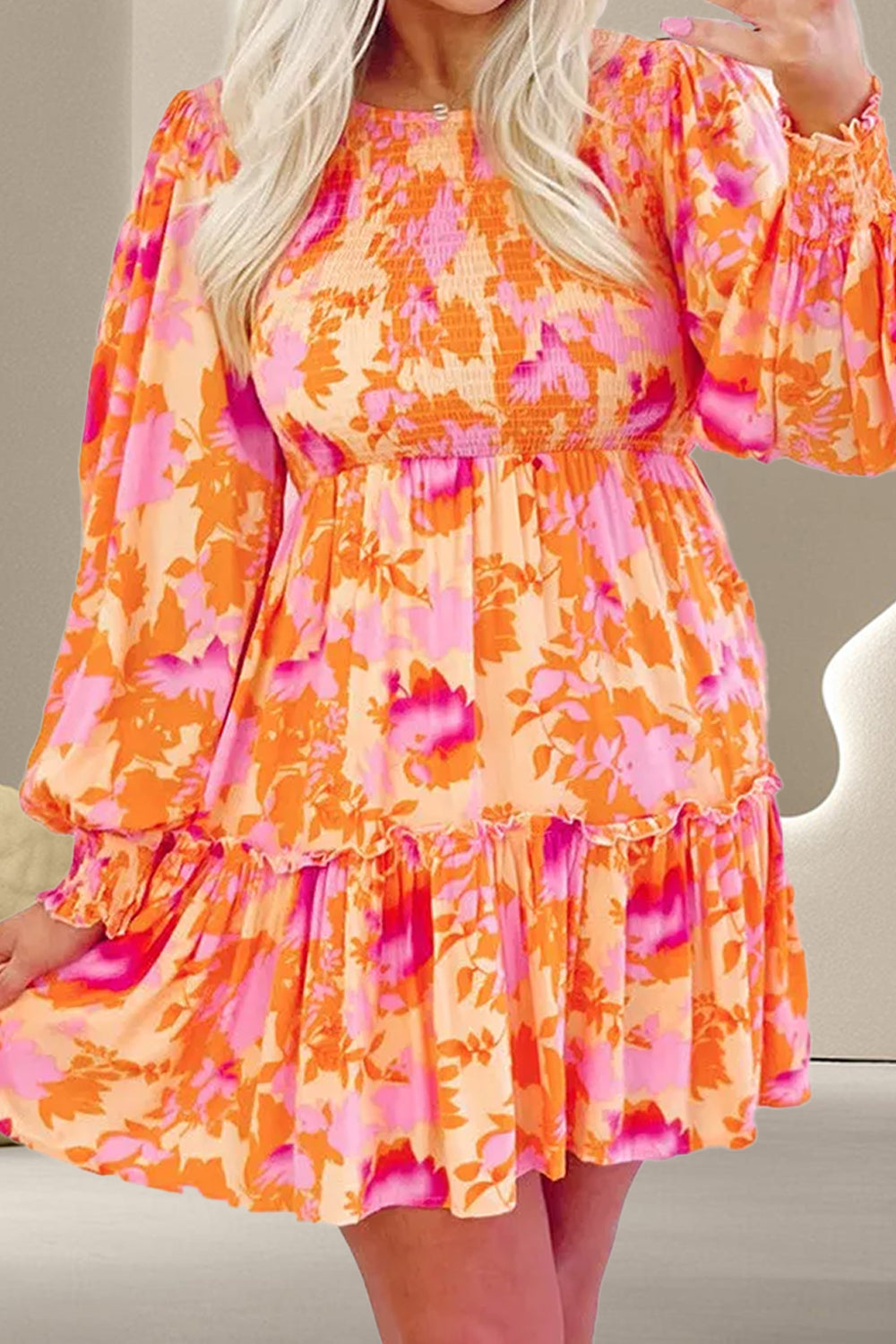 Frill Printed Long Sleeve Mini Dress Tangerine S 