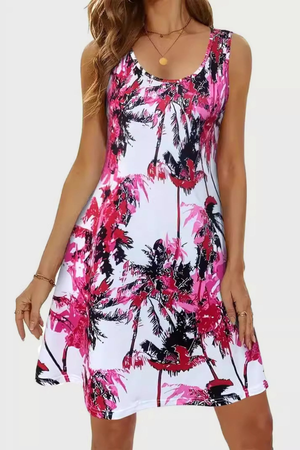 Printed Scoop Neck Wide Strap Mini Dress Deep Rose S 