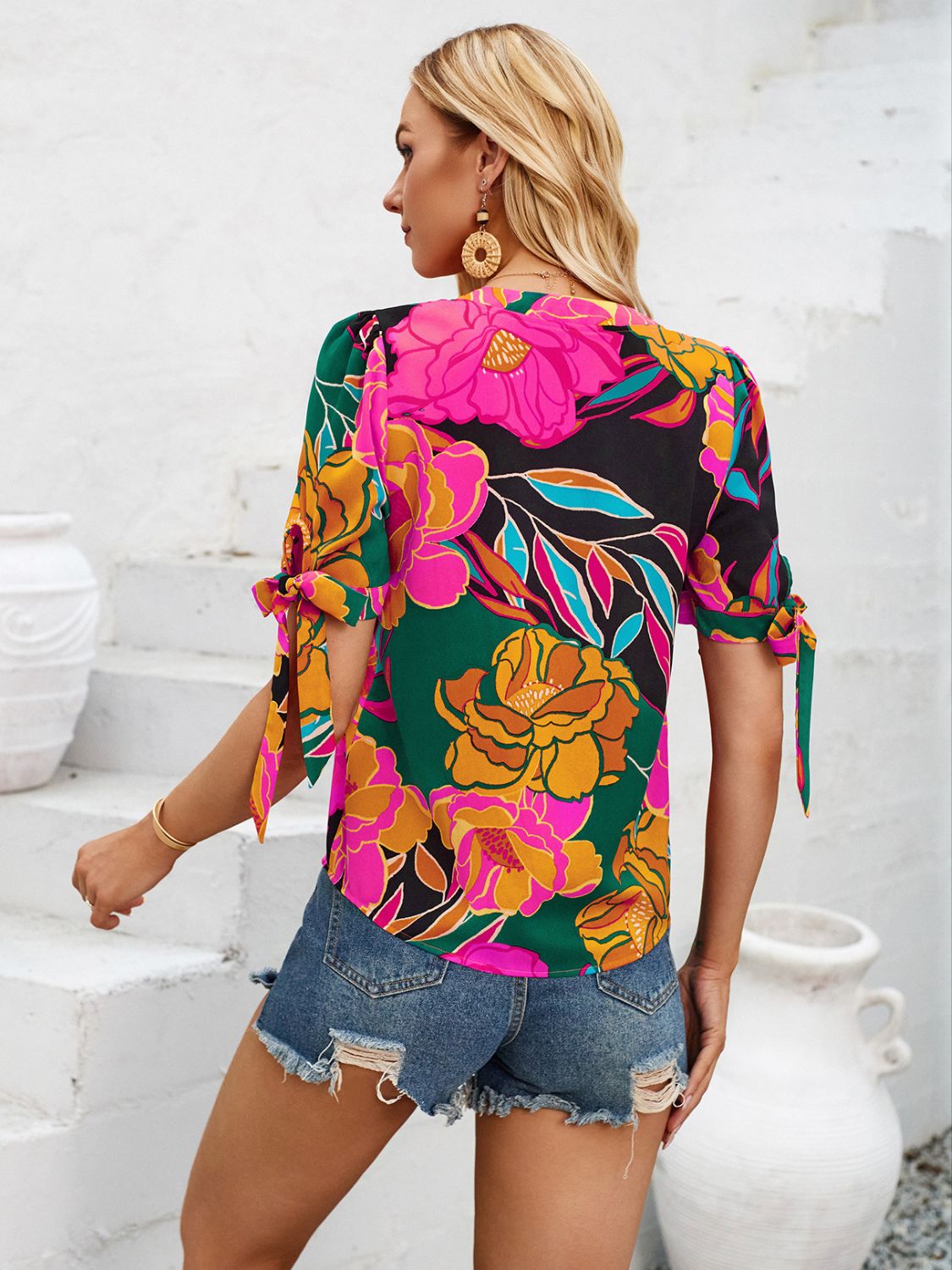 Tied Printed Notched Short Sleeve Blouse   