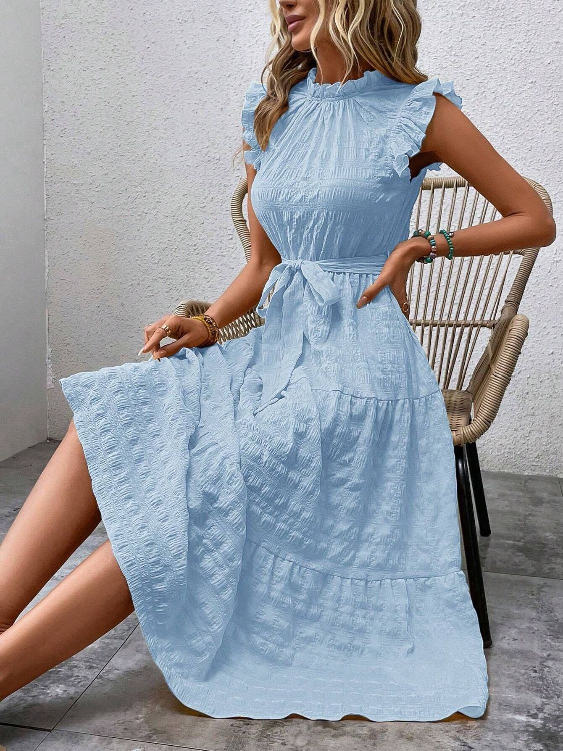 Tied Ruffled Cap Sleeve Midi Dress   