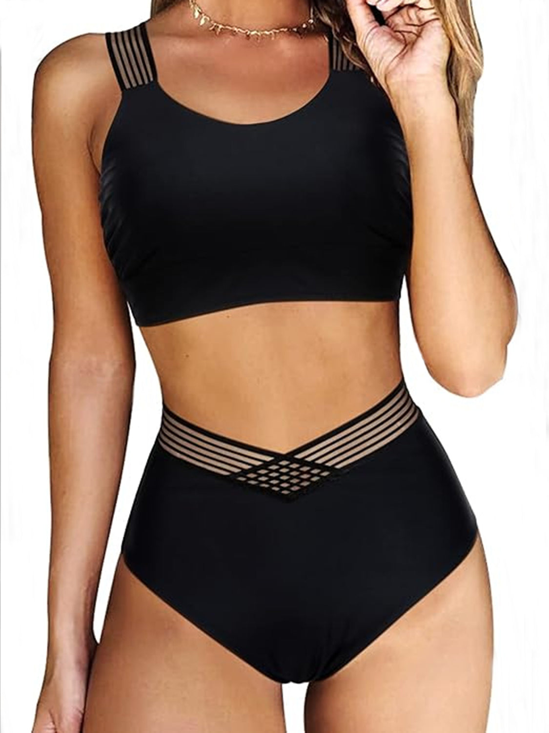 Crisscross Wide Strap Two-Piece Swim Set Black S 