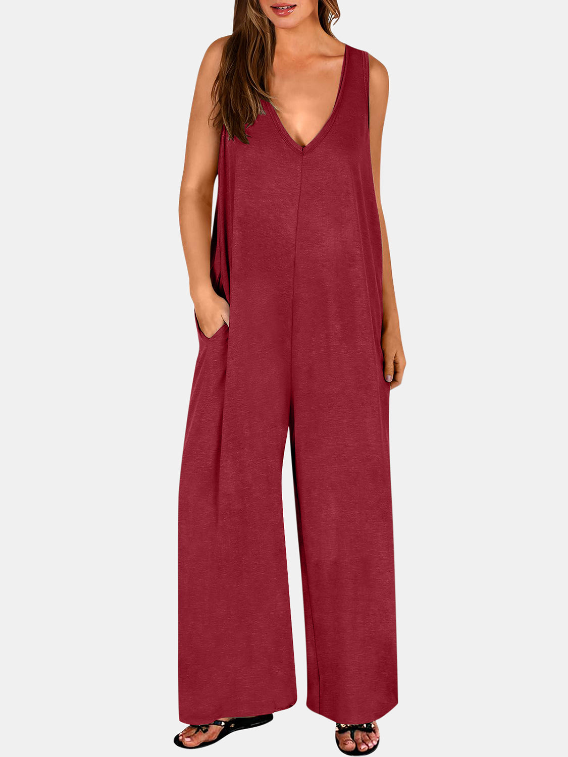 STUNNLY  Full Size V-Neck Wide Strap Jumpsuit Wine S 