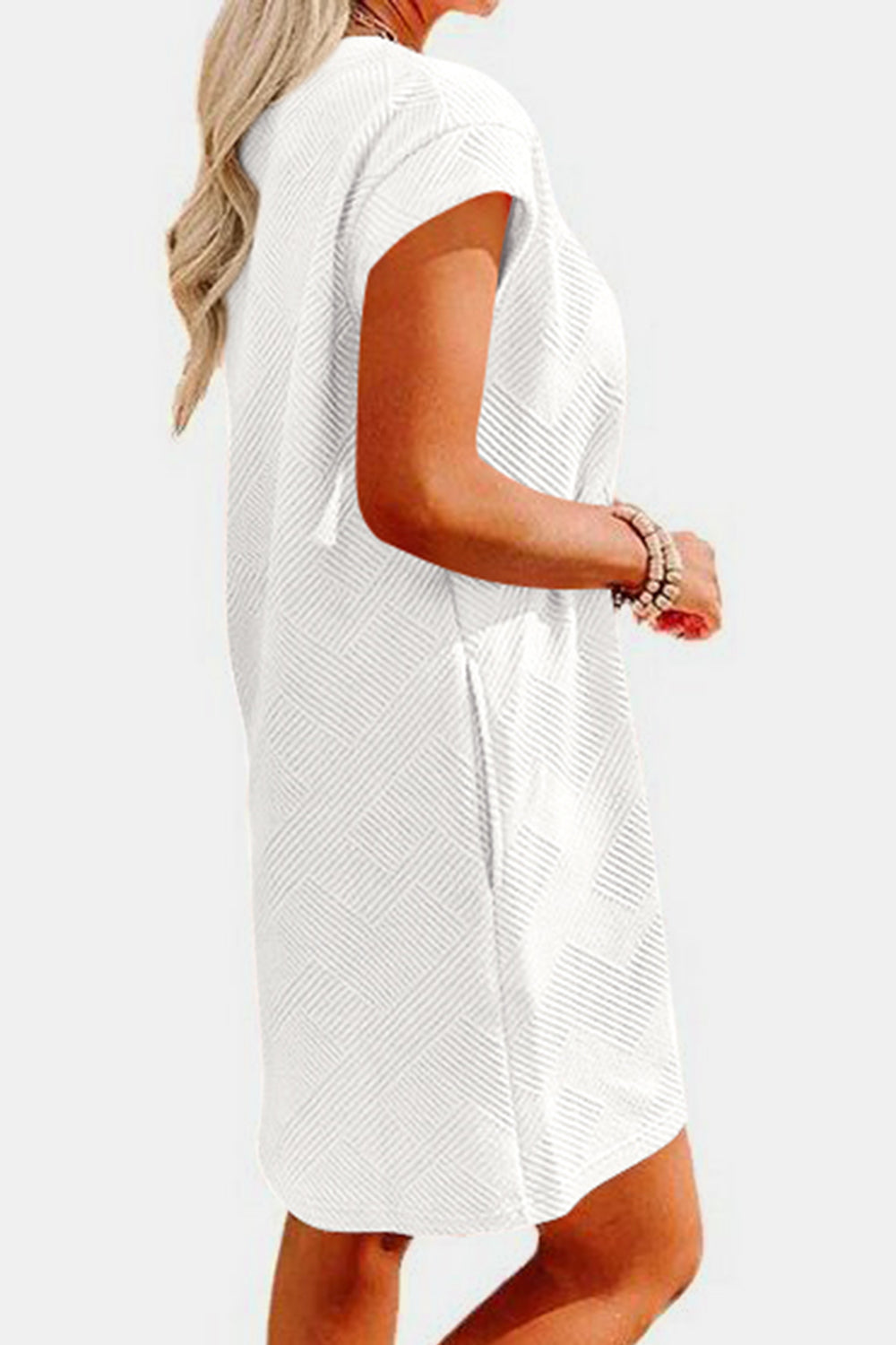 STUNNLY  Textured Round Neck Cap Sleeve Dress White S 