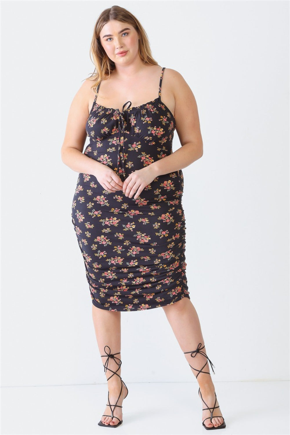 Blue Leopard Plus Size Ruched Floral Square Neck Cami Dress   