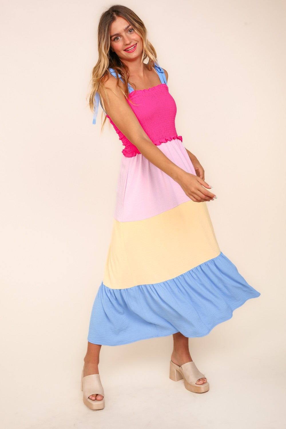 Haptics Smocked Color Block Tiered Cami Dress   