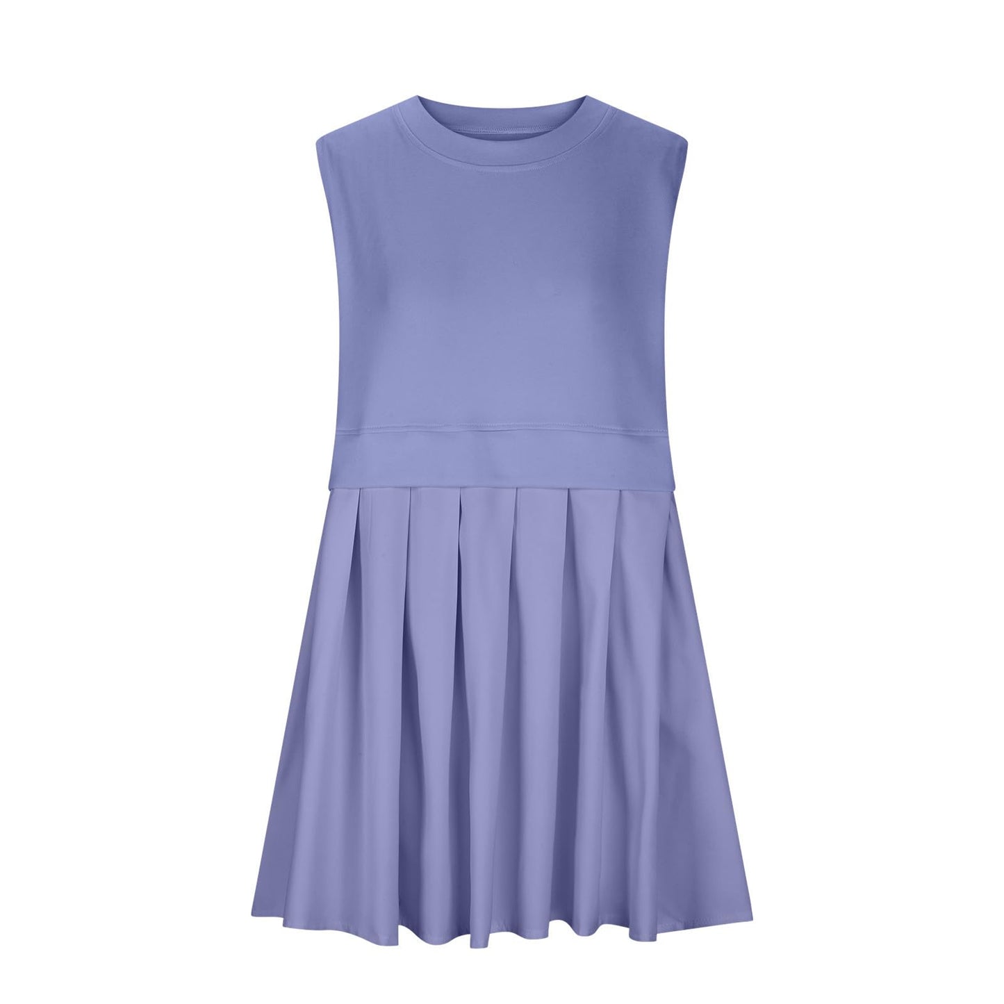 Pleated Round Neck Sleeveless Mini Dress Lavender S 