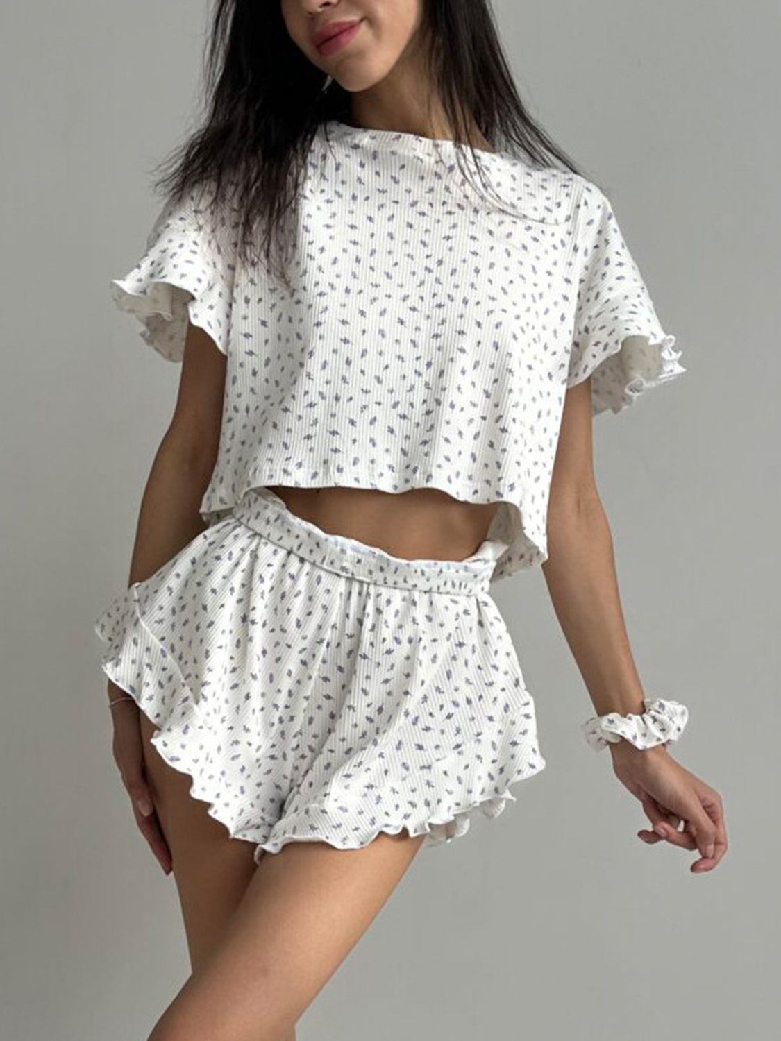 STUNNLY  Printed Round Neck Top and Shorts Set White S 