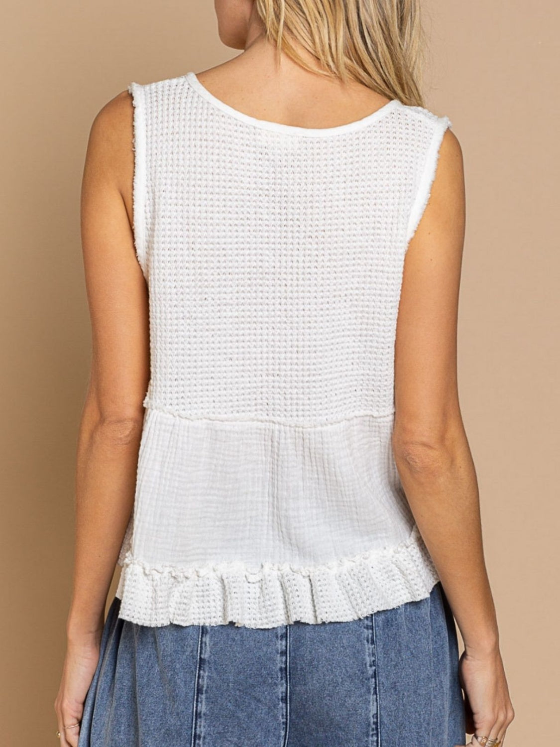 STUNNLY  Waffle-Knit Frill V-Neck Tank   