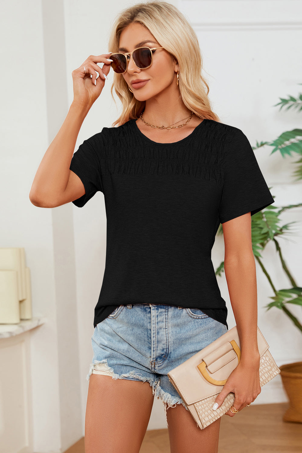 STUNNLY  Ruched Round Neck Short Sleeve T-Shirt   