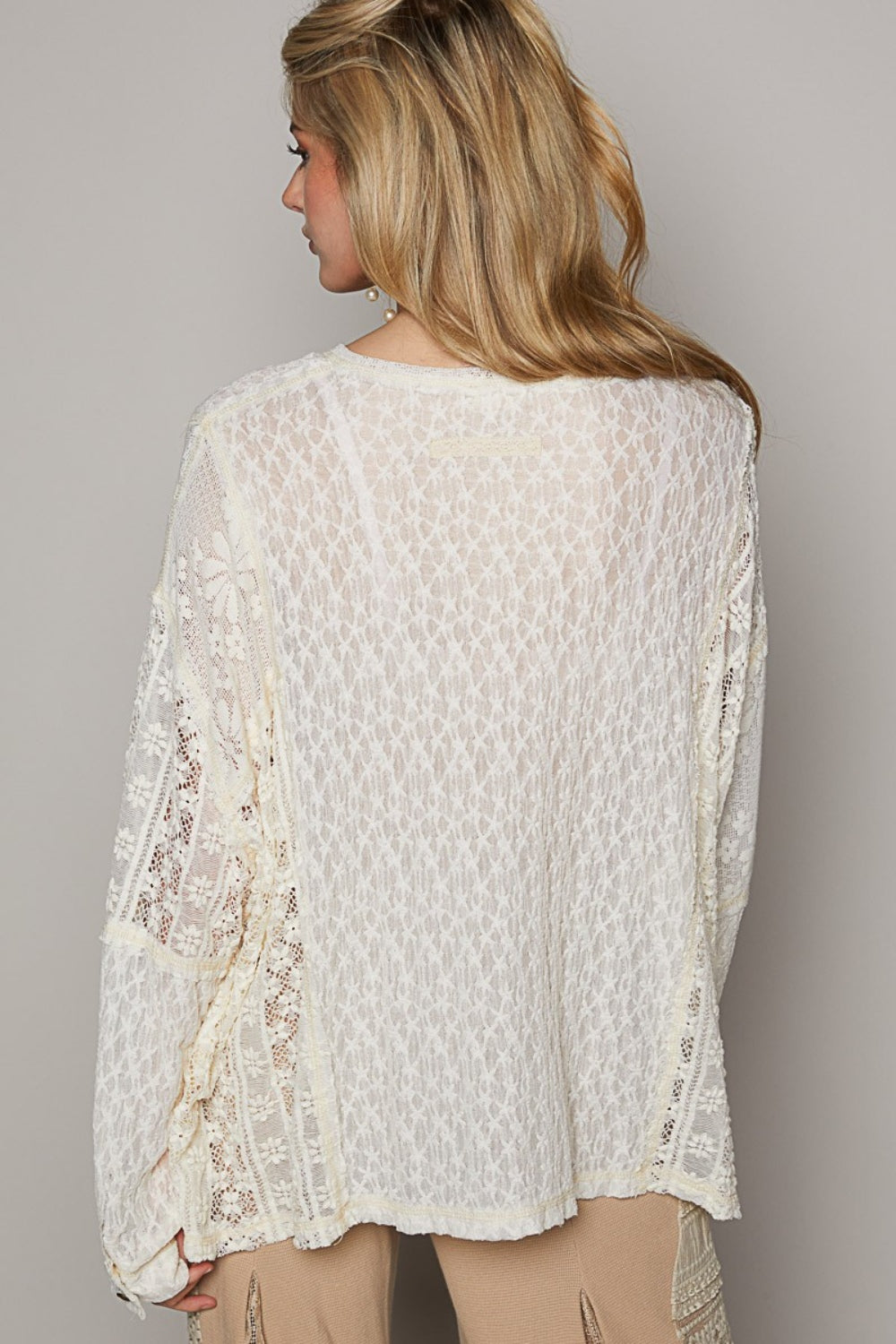 POL Round Neck Long Sleeve Raw Edge Lace Top   