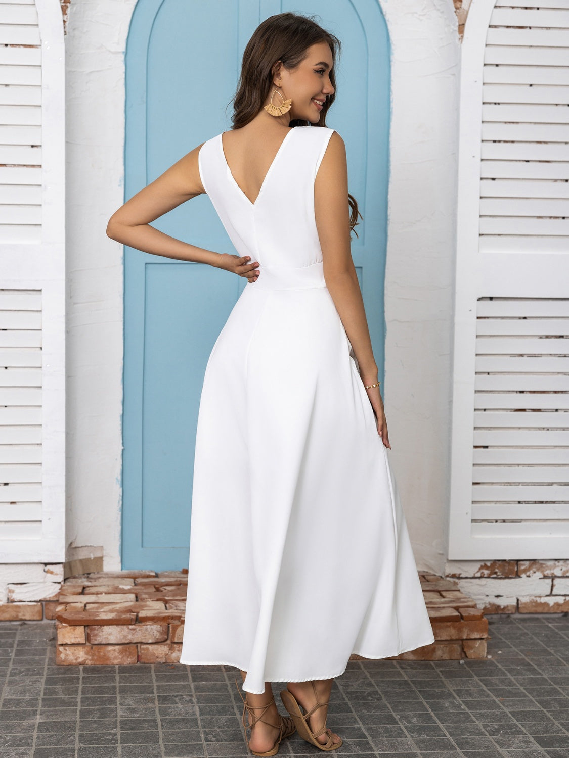 Full Size Slit V-Neck Sleeveless Midi Dress   