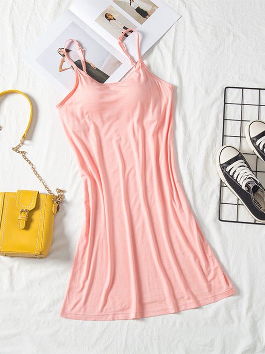 Round Neck Spaghetti Strap Cami Dress with Bra Blush Pink M 