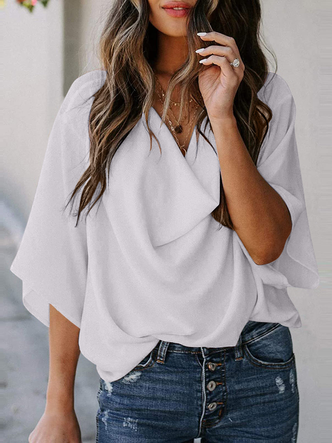 STUNNLY  Full Size Cowl Neck Three-Quarter Sleeve Blouse   