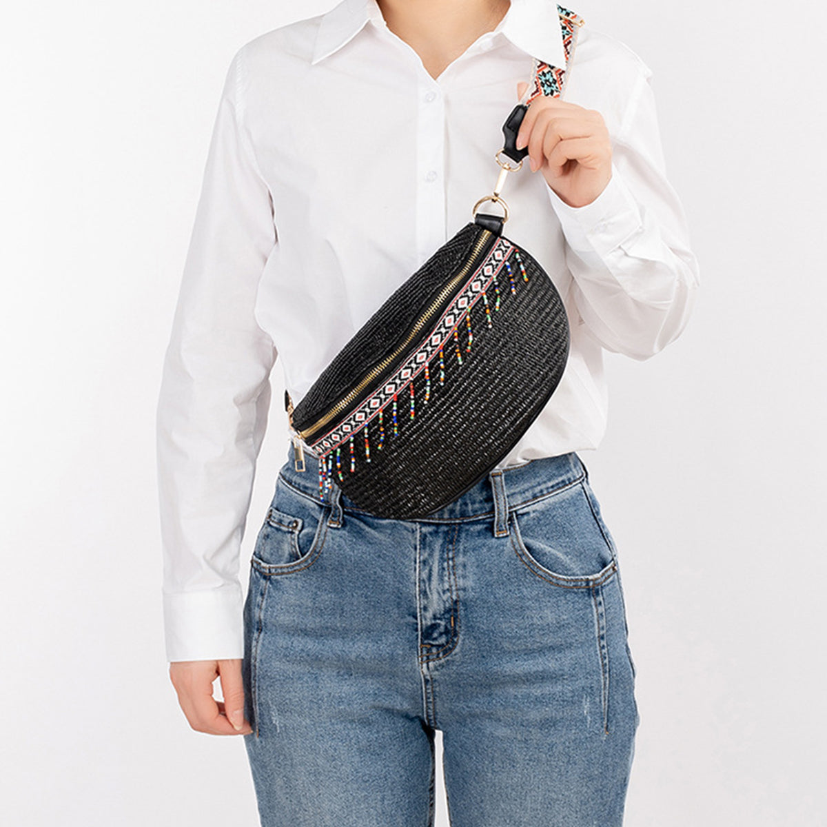 Bead Trim Straw Weave Crossbody Bag   