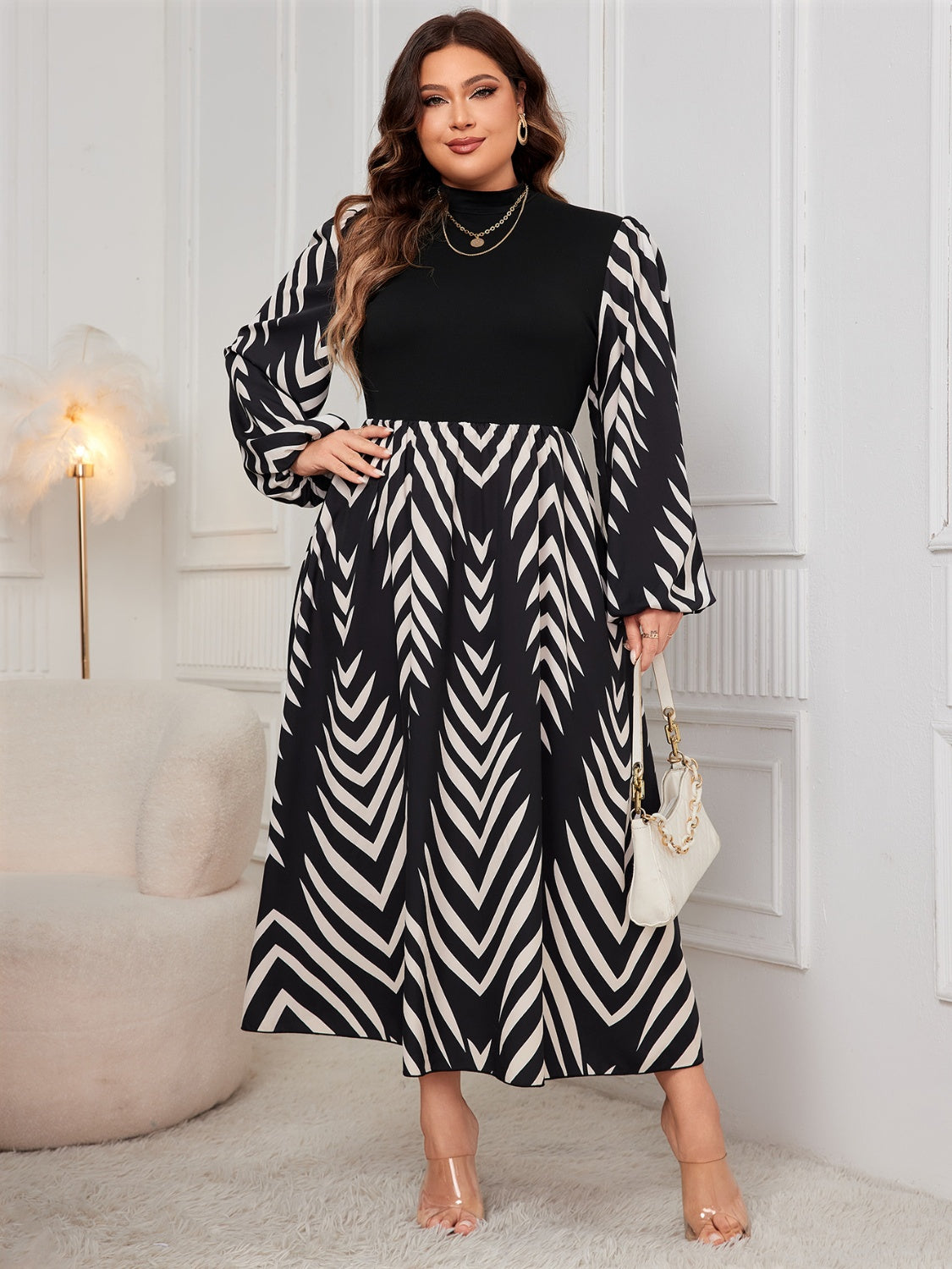 Plus Size Printed Mock Neck Long Sleeve Midi Dress Black 1XL 