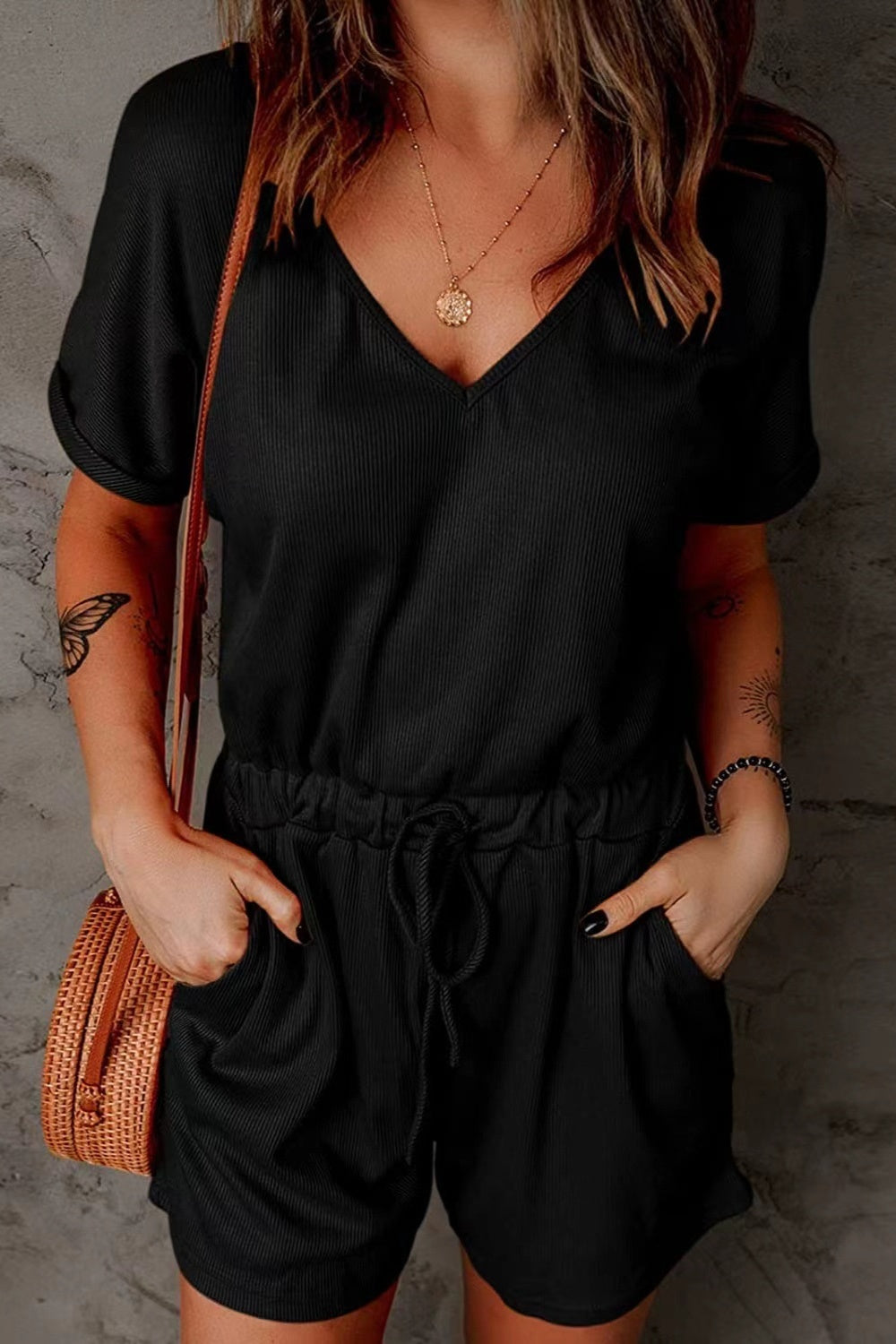 Full Size Drawstring V-Neck Short Sleeve Romper Black S 