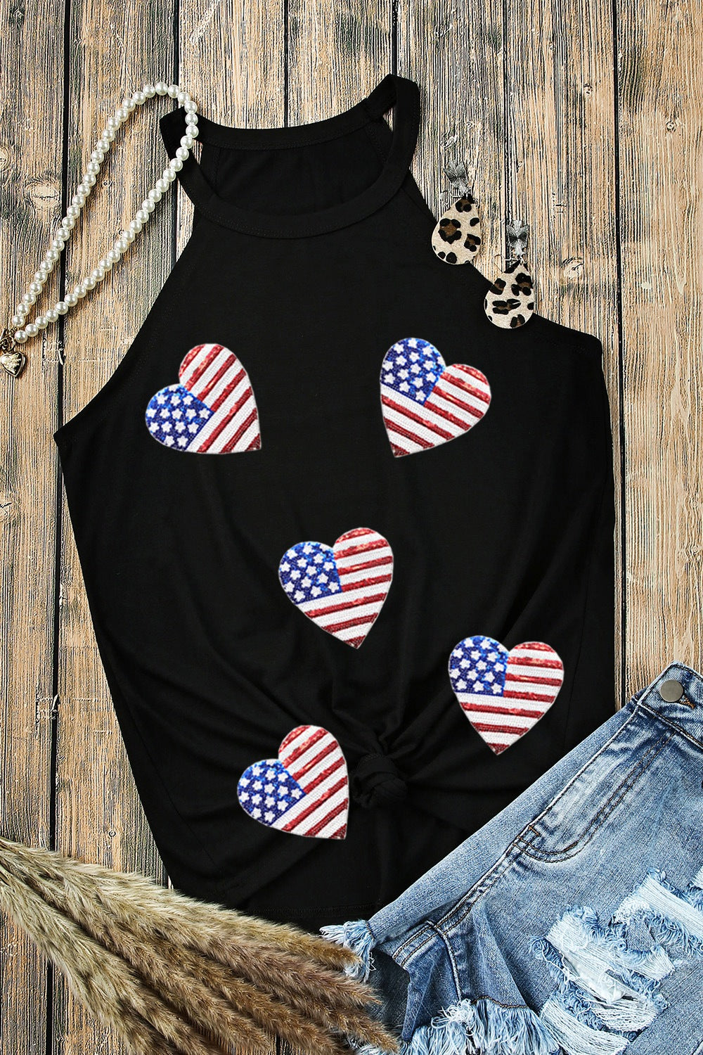 STUNNLY  Heart US Flag Round Neck Grecian Neck Tank   