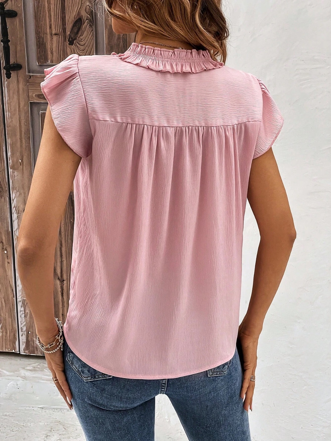 STUNNLY  Notched Cap Sleeve Blouse Blush Pink S 