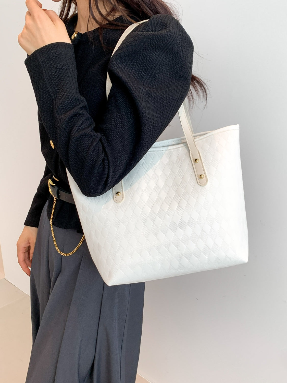 PU Leather Large Tote Bag White One Size 