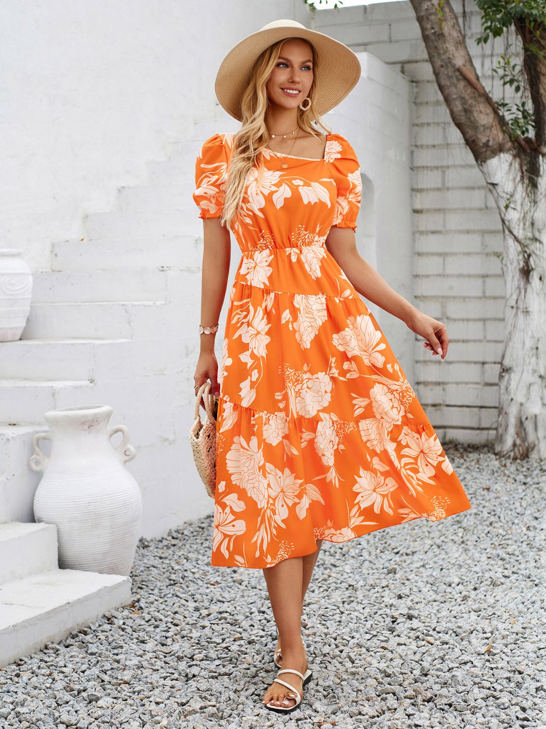 Printed Asymmetric Neck Short Sleeve Midi Dress   