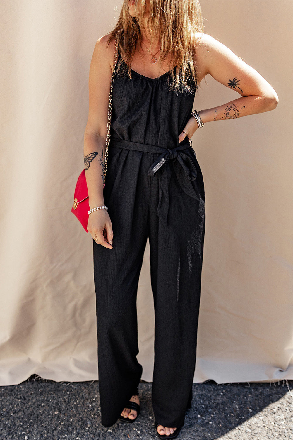 STUNNLY  Tied V-Neck Spaghetti Strap Jumpsuit   