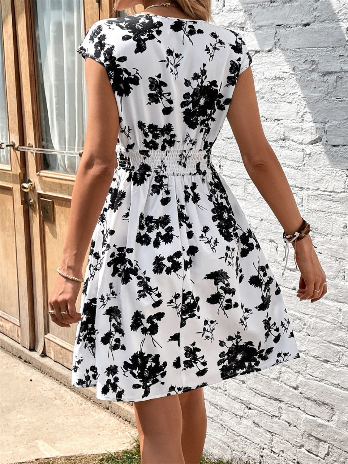 Printed Surplice Cap Sleeve Dress   