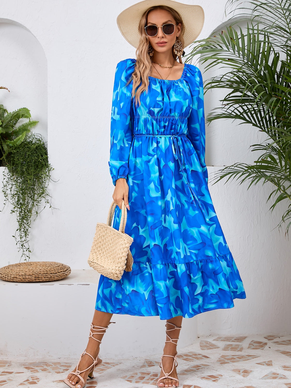 Printed Long Sleeve Midi Dress Blue S 