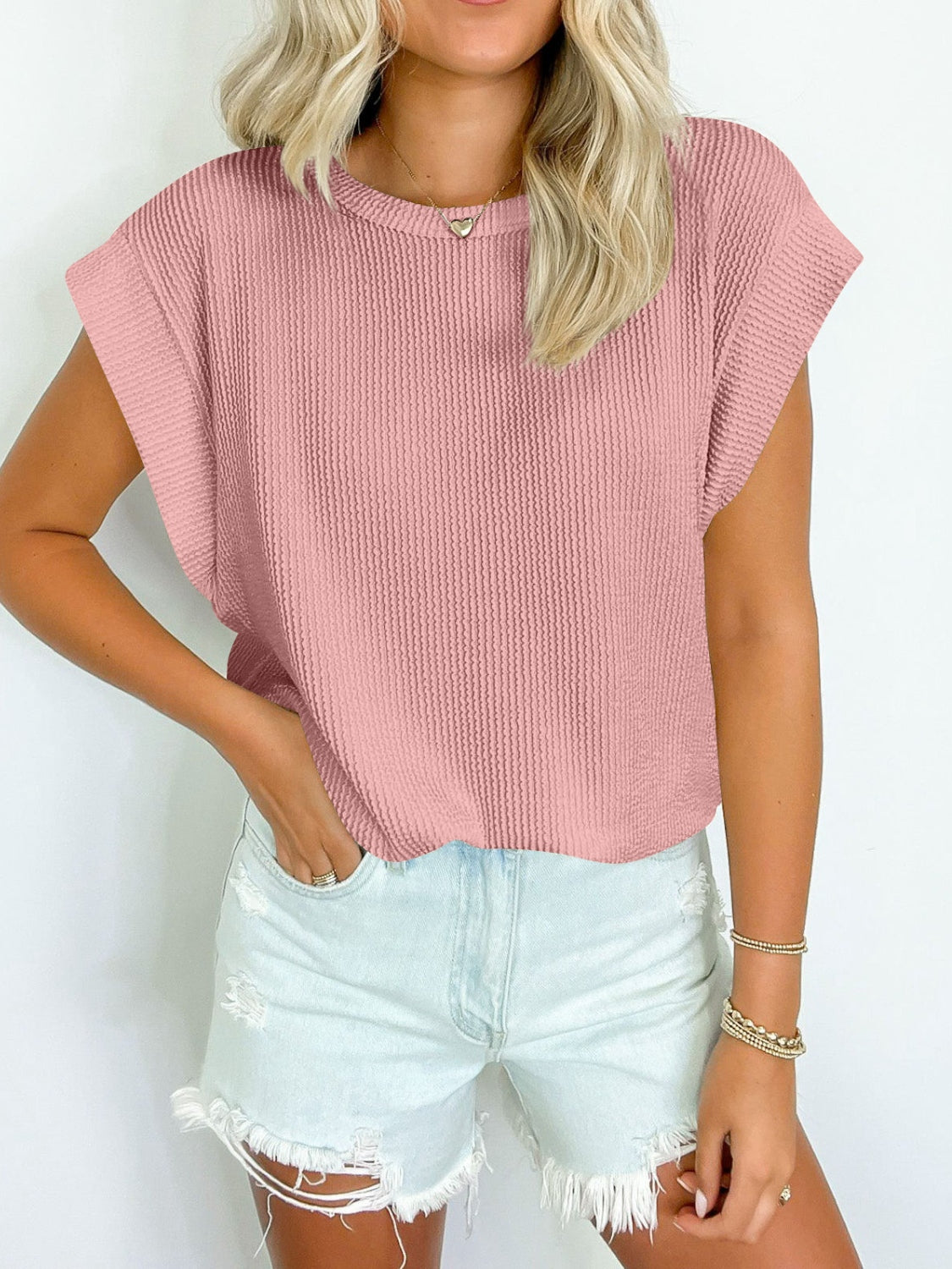 Textured Round Neck Cap Sleeve Blouse   