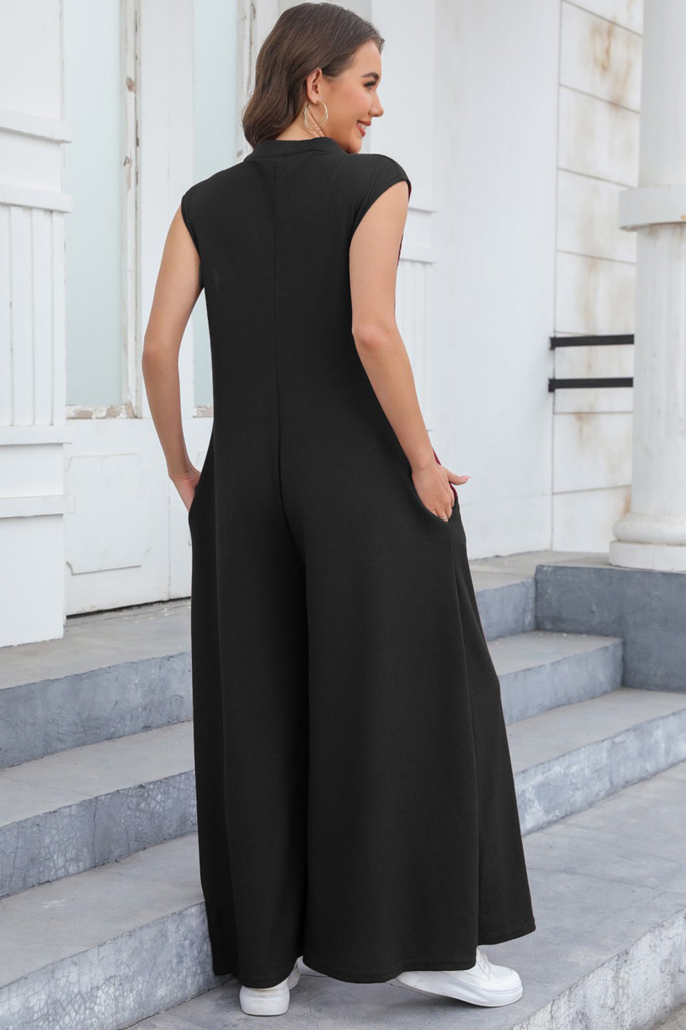 STUNNLY  Half Button Wide Leg Jumpsuit with Pockets   