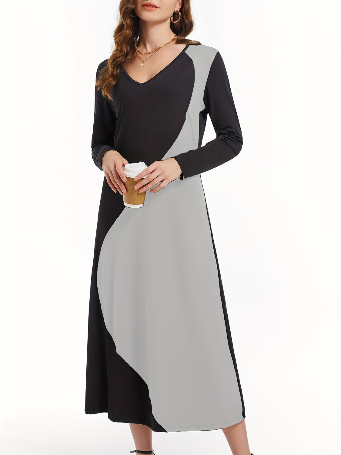 Contrast Long Sleeve Midi Dress   